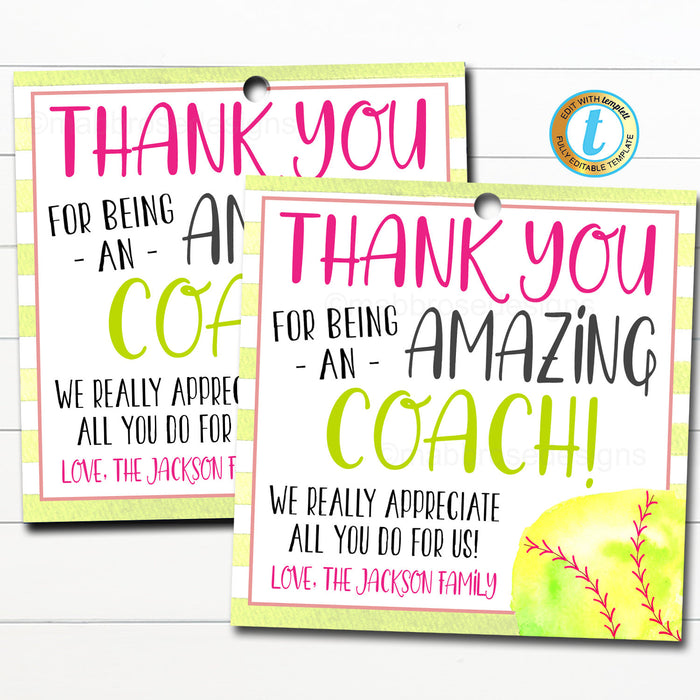 Softball Coach Gift Tag, Thank You to an Amazing Coach - Editable Template