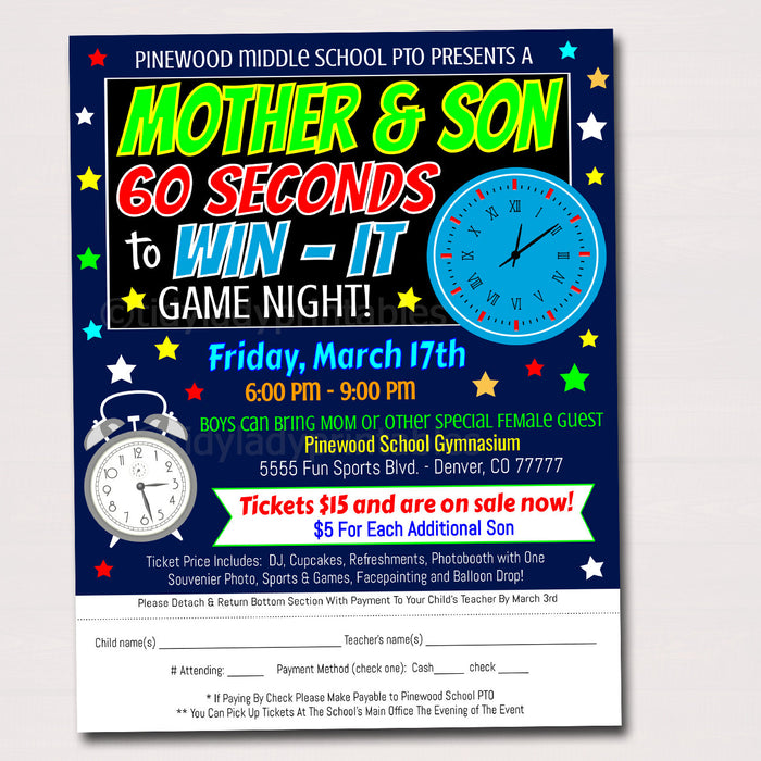 Mother Son Game Night Take Home Flyer - 60 Seconds to Win it - Editable Template