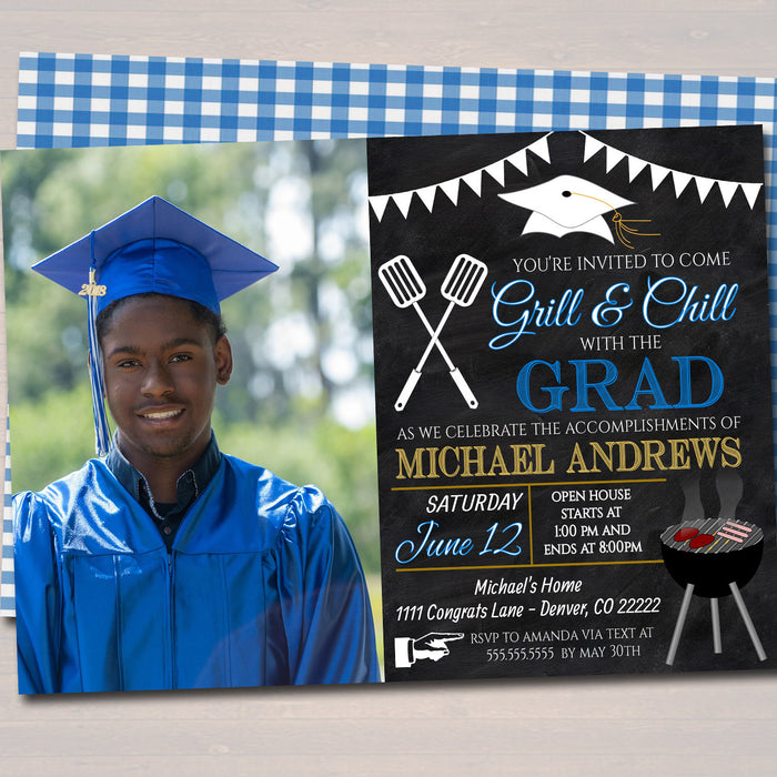 BBQ Graduation Invitation Chalkboard Printable Digital College Grad Invite, Guy, Man Senior Grad Party, Grill & Chill BBQ Invite, Editable