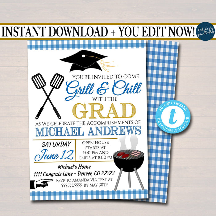 Editable BBQ Graduation Invitation Chalkboard Printable Digital College Grad Invite, Guy, Man Senior Grad Party, Grill & Chill BBQ Invite