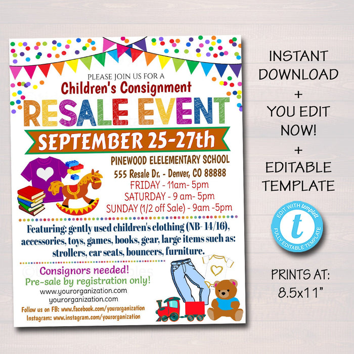 Children's Resale Flyer, School PTA PTO Flyer, Church Fundraiser, Kids Consignment Rummage Sale Event Poster, Digital Printable