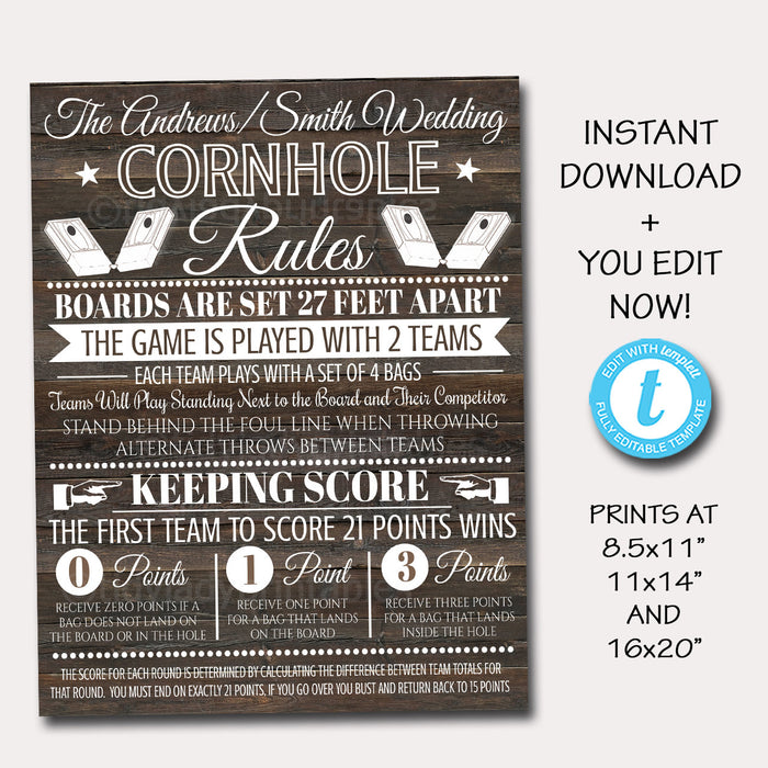 Cornhole Rules Sign, Family Outdoor Games, Bag Toss Tournament Yard Sign, Points Score Sign, Bar Leauge Rules, Printable EDITABLE TEMPLATE