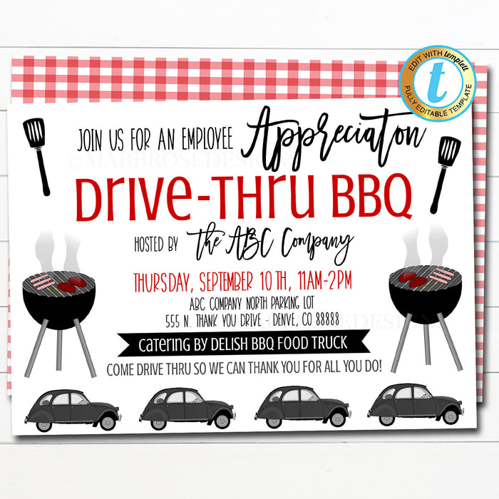 Drive Thru Appreciation BBQ Party Invite and Favor Tag Set