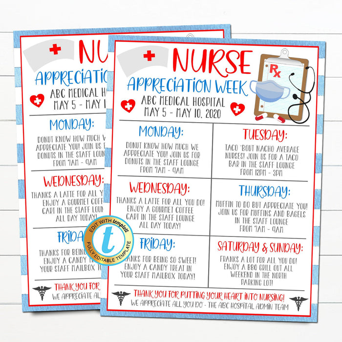 Nurse Appreciation Itinerary Set, Luncheon Invite, Thank You Tag, Healthcare Hospital Staff Appreciation Week, INSTANT DOWNLOAD Templates