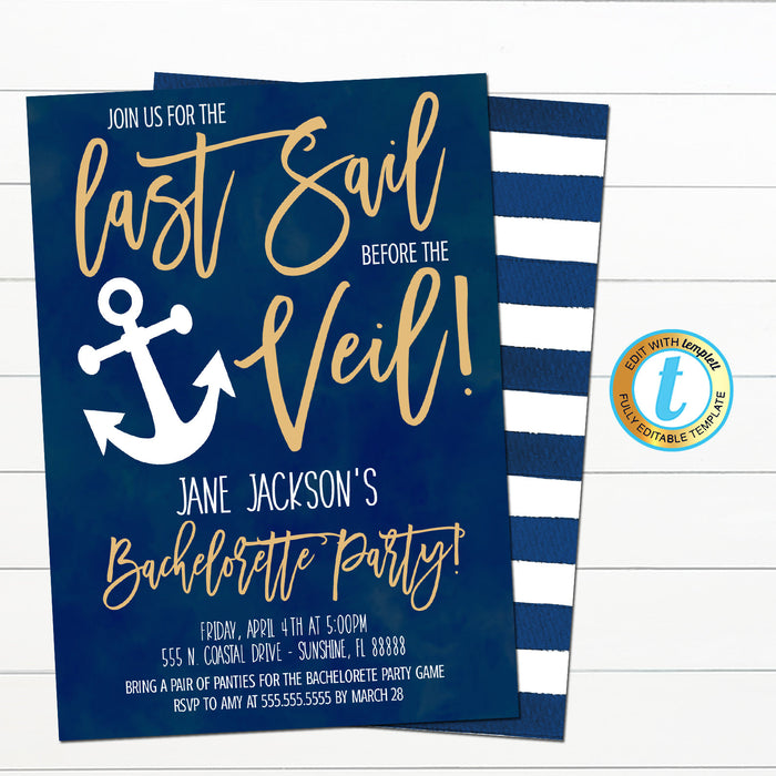 Last Sail Before The Veil Nautical Bachelorette Party Invite - Editable Template