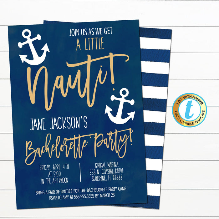 Nautical Bachelorette Party Invite, Let's get Nauti Girls Coastal Beach Boat Party - Editable Template