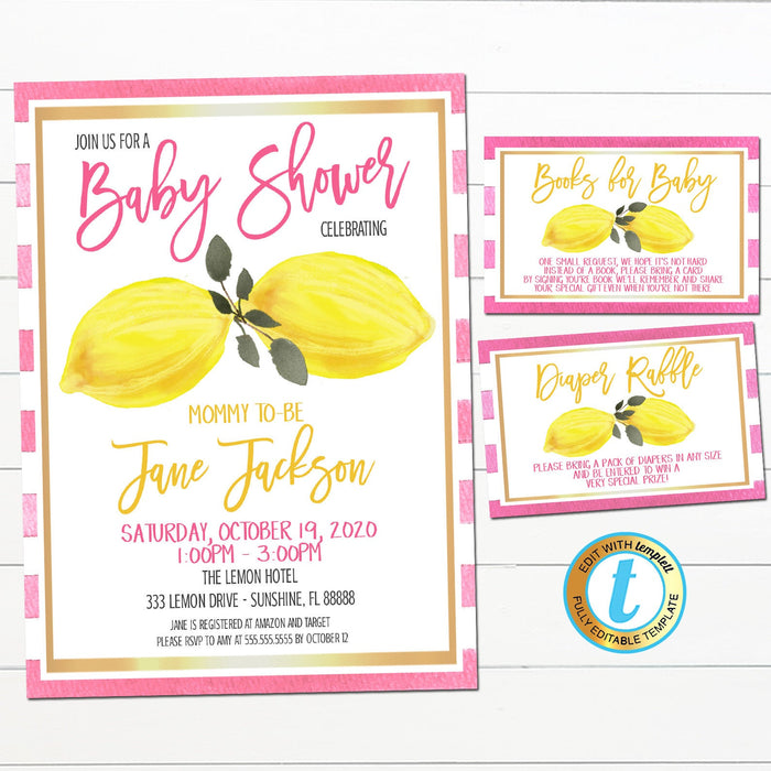 Lemon Theme Baby Shower Set, Pink Lemonade Preppy Stripes, Summer Invitation Diaper Raffle, Books for Baby Card INSTANT DOWNLOAD Editable Template