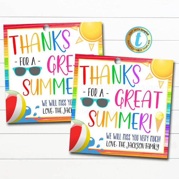 Thanks for a Great Summer Gift Tags, End of Summer Daycare Gift - DIY Editable Template