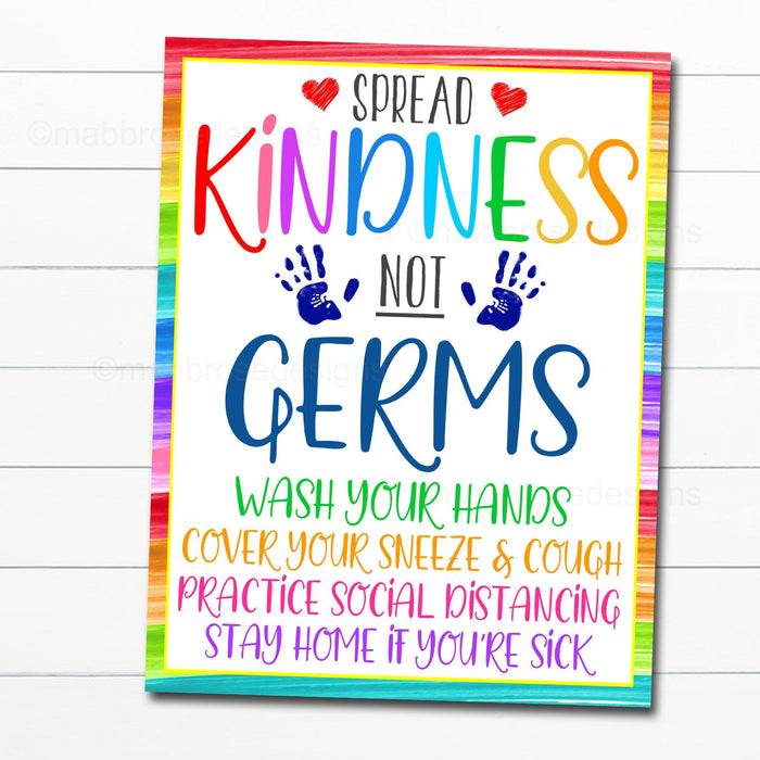 School Covid19 Health Signs, Wear a Mask, Spread Kindness Not Germs Virus Prevention Hand Washing Poster, Digital Printable Instant Download