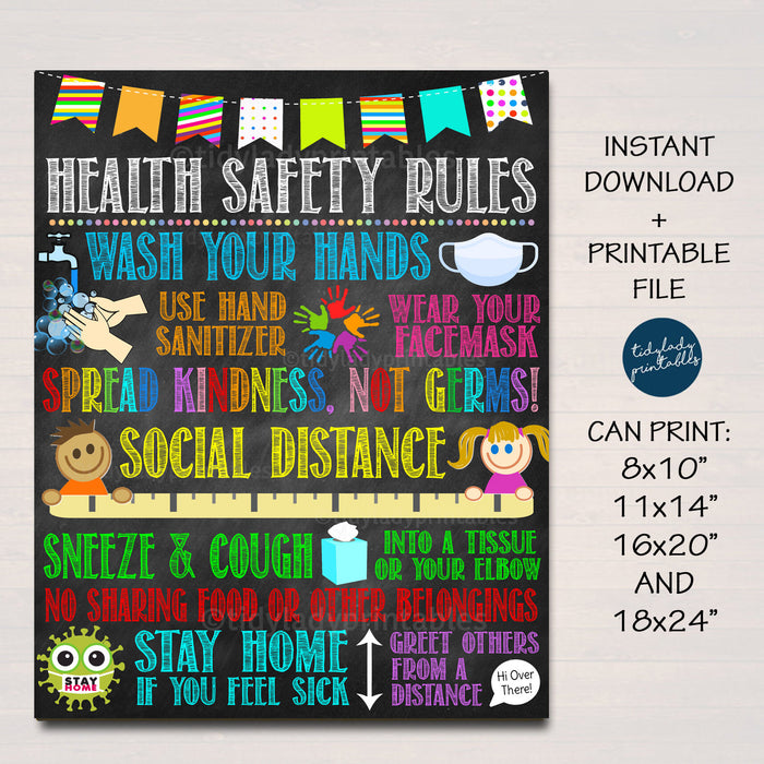 School Health Safety Poster - Wash Your Hands, Wear a Mask, Social Distance Classroom Rules