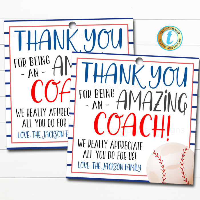 Baseball Coach Gift Tag Thank You to an Amazing Coach - Editable Template