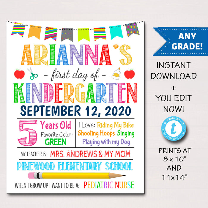 First Day Of School Sign, Back to School, White Background Poster, Any Grade or Gender Sign, 1st Day of School, Printable Editable Template
