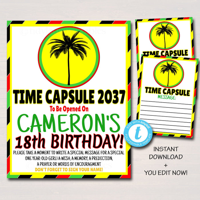 One Love First Birthday Time Capsule Printables, Party Decor, Jamaica Reggae Theme, One Year, Let's Get Together & Feel Alright, EDITABLE