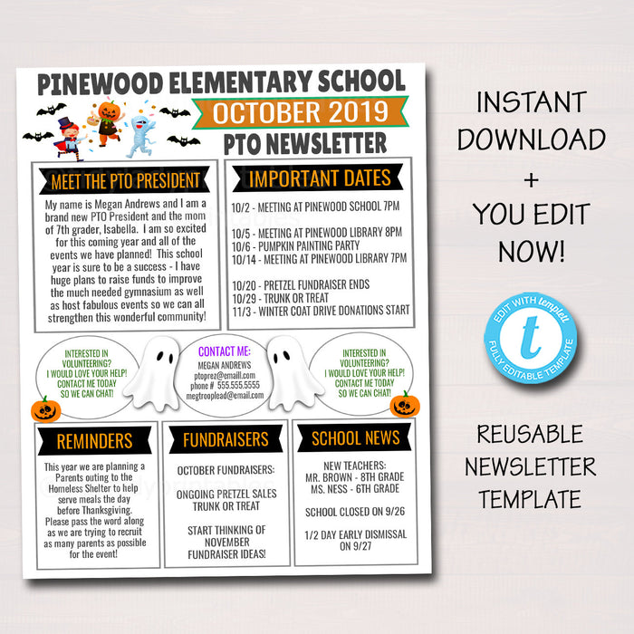 October PTO PTA Newsletter Flyer, Halloween Printable Handout, School Year Calendar Meeting Agenda Seasonal Fall Organizer EDITABLE Template