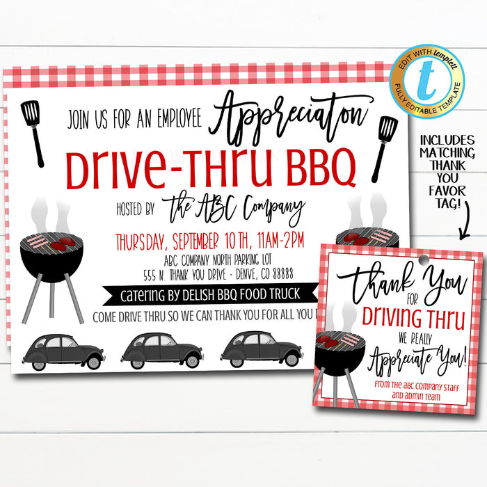 Drive Thru Appreciation BBQ Party Invite and Favor Tag Set