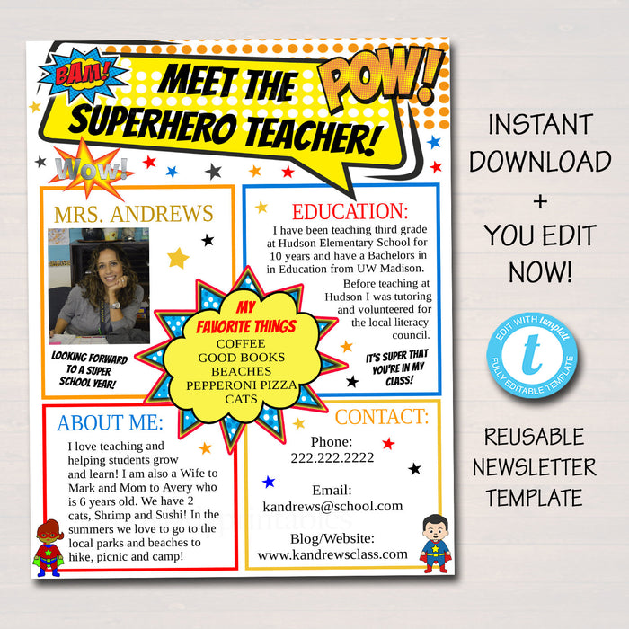 Meet The Teacher Superhero Theme Classroom Newsletter Flyer, Printable Handout, Back to School Parent Communication Letter EDITABLE Template