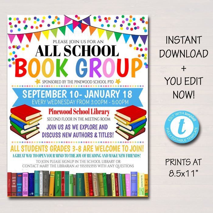 EDITABLE Book Club Flyer, Family Literacy Night, Printable PTA PTO Flyer, School Church Fundraiser, Reading Club Poster, Digital Printable