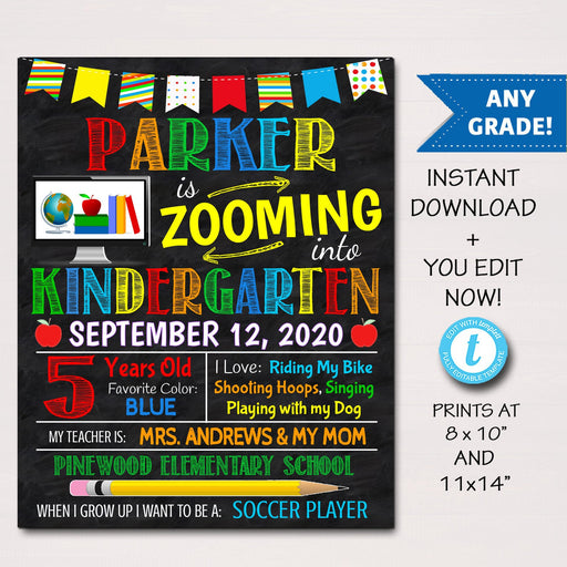 First Day Of Virtual School, Back to School, Chalkboard Poster Quarantine, Zooming into Any Grade Sign, 1st Day of School Editable Template