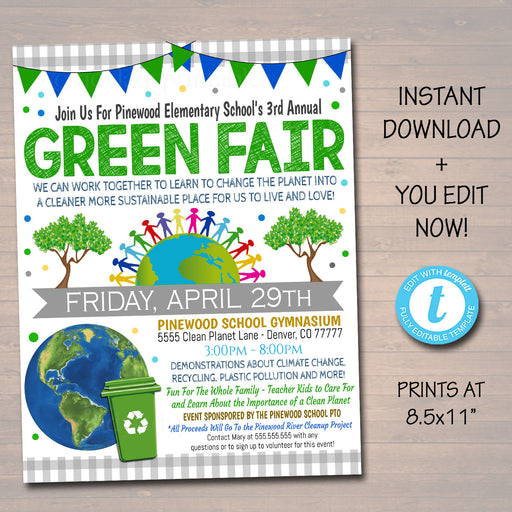 Green Fair Flyer, Save the Planet Earth Day Event, Printable School Pto Pta Flyer, Enviornmental Advocacy Days Fundraiser, EDITABLE TEMPLATE