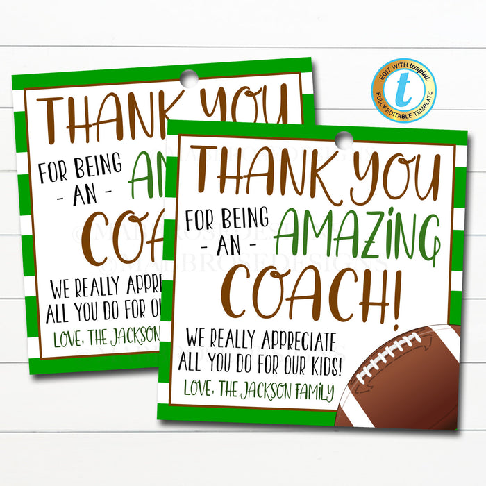 Football Coach Gift Tag, School Sports Team Appreciation, Thank You to an Amazing Coach, End of Season Printable, DIY Editable Template