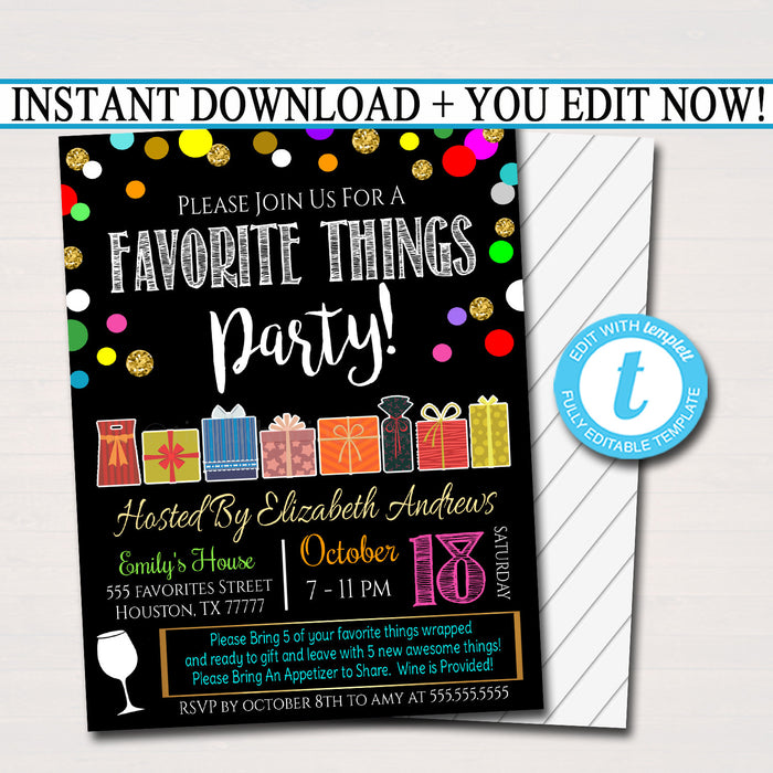 Favorite Things Party Invite, Ladies Night Gift Exchange Invitation, Bridal Shower, Teacher Party Girls Night, INSTANT DOWNLOAD, EDITABLE