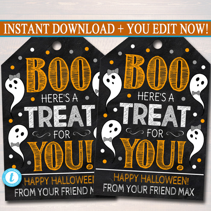 Halloween Gift Tags, Halloween Birthday Favor Tags, Boo Here&#39;s a Treat for You! Printable Kid&#39;s Trick or Treat Label, DIY Editable Template