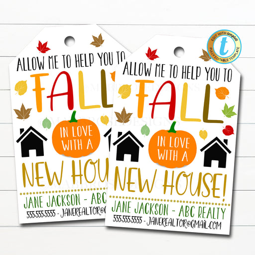 Fall Realtor Gift Tags, Let me help you Fall in Love with a New House, Autumn Real Estate Marketing Tag, Pop By Tag, DIY Editable Template