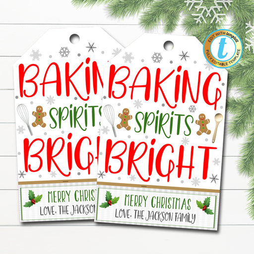 Christmas Gift Tags, Baking Spirits Bright, Holiday Candy Cookie Bakery Treat Tag, Secret Santa Teacher Xmas Label, DIY Editable Template