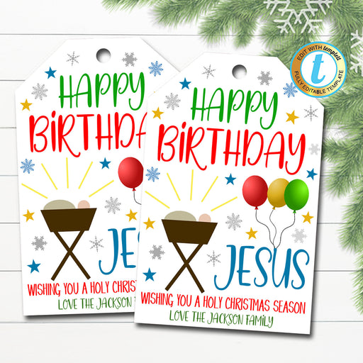 Christmas Religious Gift Tag, Happy Birthday Jesus, Church Catholic School Pto Pta Teacher, Faith Christian Ministry, DIY Editable Template