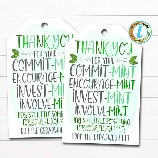 Thank You Mint Tags, Volunteer Mint Labels, Thank You Gift, School pto pta Staff Employee Teacher Appreciation Gift, DIY Editable Template