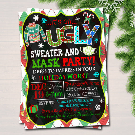 Christmas Ugly Sweater and Mask Party Invite, Medical Mask Invitation, Merry Christ-mask, Holiday 2020 Quarantine Social Distance, EDITABLE