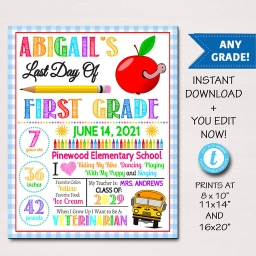 Last Day Of School Sign, Back to School White Background Poster Personalized School About Me Sign Any Grade Sign 1st Day of School