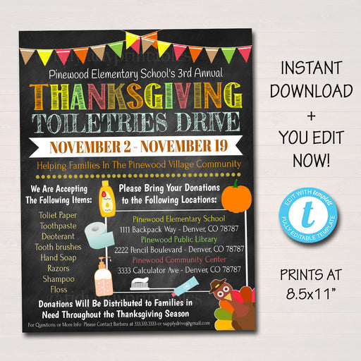 Fall Toiletries Drive Flyer, Printable PTA PTO Flyer, School Church, Thanksgiving Fundraiser Invite, Business Charity Nonprofit, EDITABLE