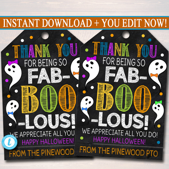 Halloween Gift Tags, Halloween Appreciation Favor Tags, Thanks for Being FabBOOlous Teacher Staff Employee School Pto, DIY Editable Template