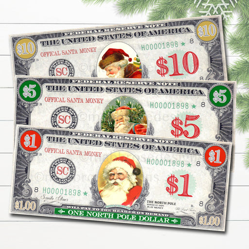 Printable North Pole Santa Money, Play Money, Christmas Dollar Bill Kids Morning Activity, Xmas Holiday Stocking Stuffer, Instant Download