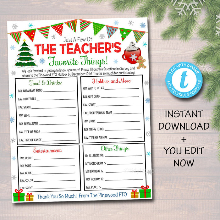 Christmas Teacher Favorites Survey, Teacher Holiday Wish List, Gift Exchange, All About My Teacher Printable Worksheet, EDITABLE TEMPLATE