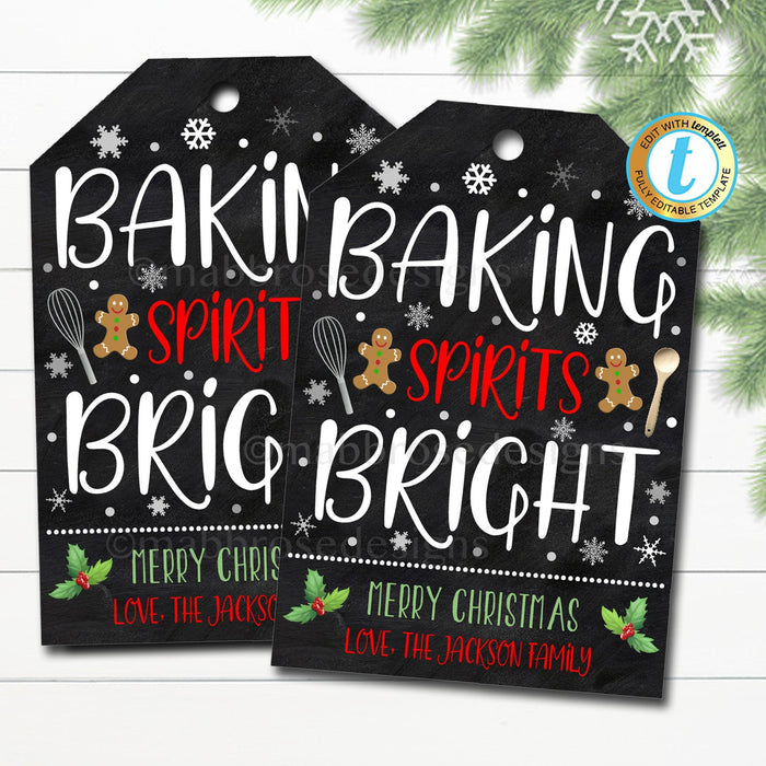 Christmas Gift Tags, Baking Spirits Bright, Holiday Candy Cookie Bakery Treat Tag, Secret Santa Teacher Xmas Label, DIY Editable Template