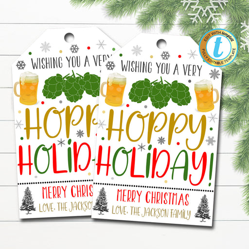 Christmas Beer Gift Tags, Wishing You a hoppy holiday, Holiday Beer Gift Label, Secret Santa White Elephant Coworker, DIY Editable Template