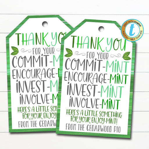 Thank You Mint Tags, Volunteer Mint Labels, Thank You Gift, School pto pta Staff Employee Teacher Appreciation Gift, DIY Editable Template