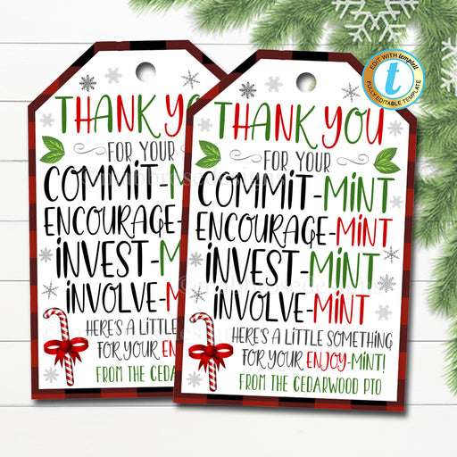 Christmas Thank You Mint Tags, Thank You Gift, School pto pta Volunteer Staff Employee Teacher Appreciation Gift Label DIY Editable Template