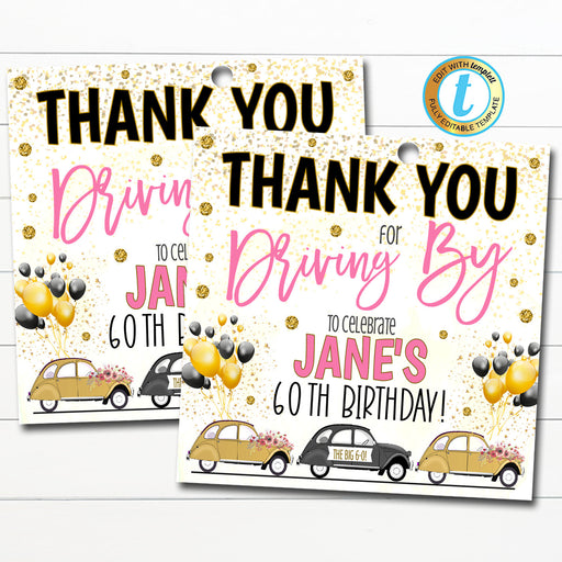 Drive By Birthday Parade Favor Tag, Virtual Birthday Party Invitation, Digital Adult Black Gold Invite, INSTANT DOWNLOAD Editable Template