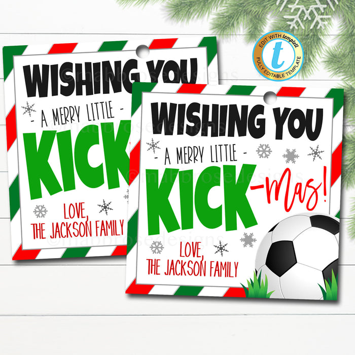 Soccer Christmas Gift Tag, Boy Kids Sports FootBall Holiday Card, Gift Wishing You a Merry Kick-mas, DIY Printable Editable Template
