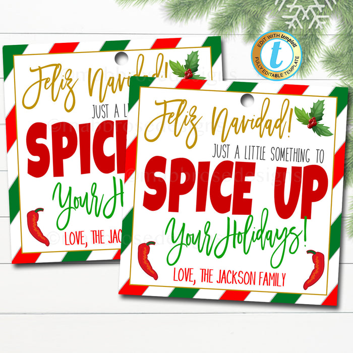 Christmas Gift Tags, Spice Up Your Holiday, Fiesta Feliz Navidad Gift Label, Secret Santa Hot Sauce Salsa Xmas Tag, DIY Editable Template