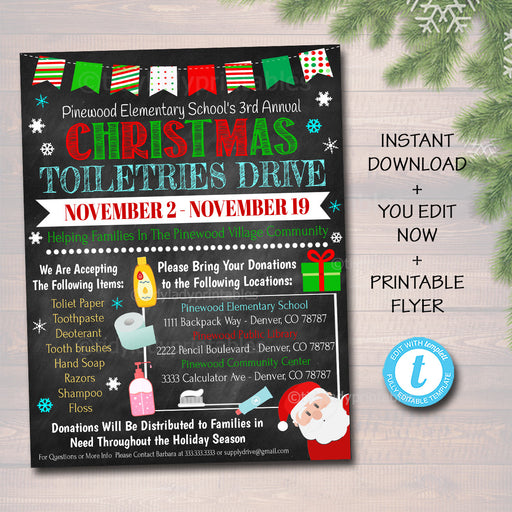 Holiday Toiletries Drive Flyer, Printable PTA PTO Flyer, School Church, Christmas Fundraiser Invite, Business Charity Nonprofit, EDITABLE