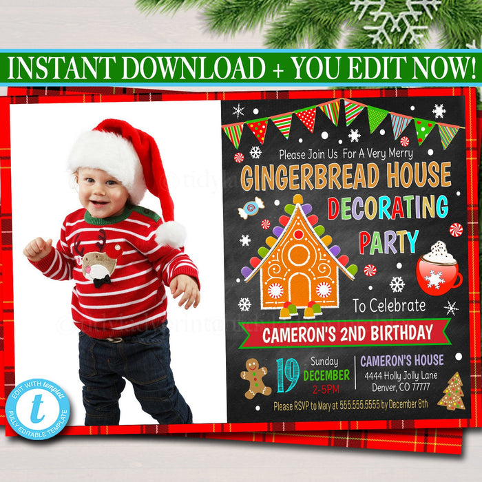 EDITABLE Gingerbread House Decorating Xmas Party, Invitation Kids Christmas Birthday Invite, Holiday Cookie Party Plaid, INSTANT DOWNLOAD