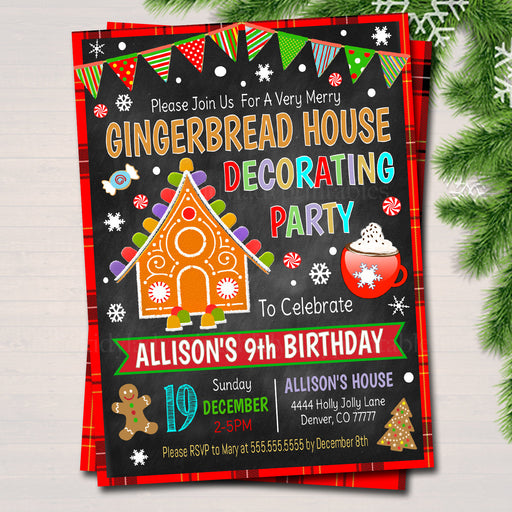 EDITABLE Gingerbread House Decorating Xmas Party, Invitation Kids Christmas Birthday Invite, Holiday Cookie Party Plaid, INSTANT DOWNLOAD