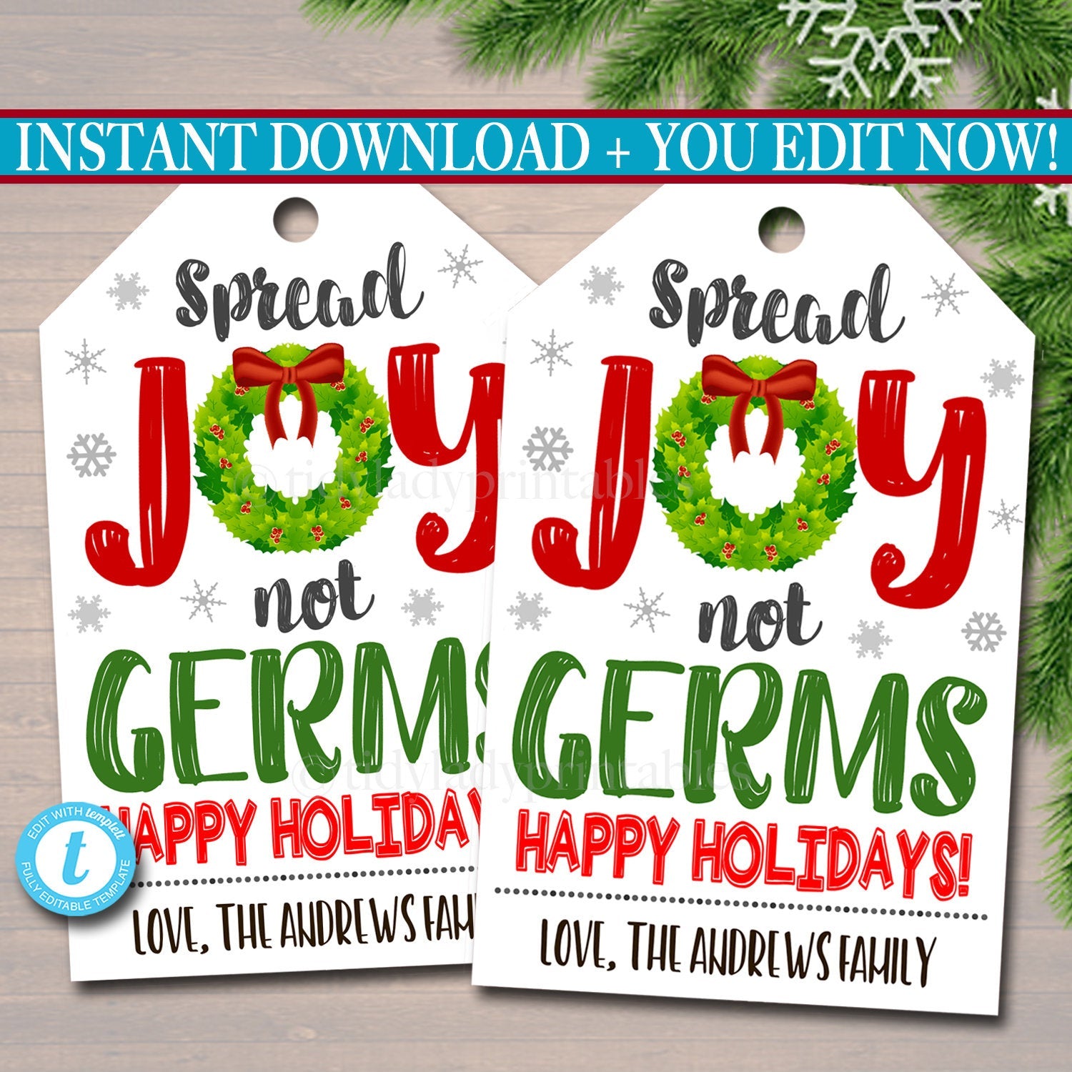 Christmas Gift Tag Spread Joy Not Germs - Hand Sanitizer Label — TidyLady Printables for Free Printable Hand Sanitizer Gift Tags