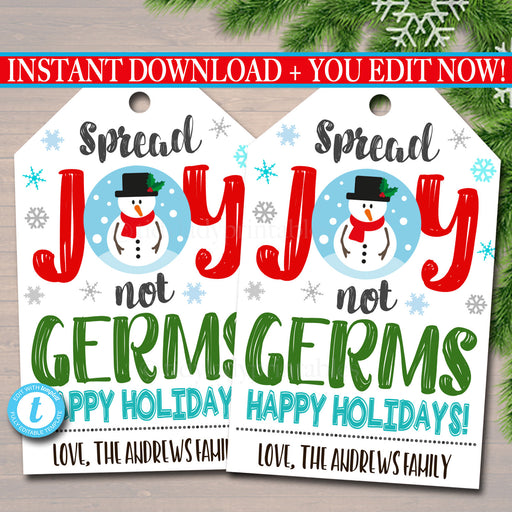 Christmas Gift Tag Spread Joy Not Germs, Soap Hand Sanitizer Label, Holiday Appreciation Secret Santa, White Elephant Gift Editable Template