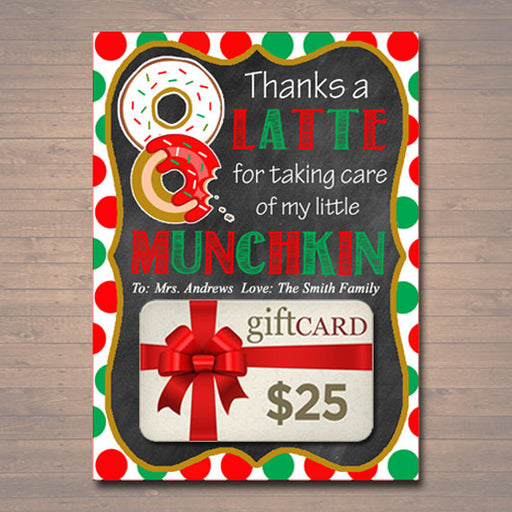 Christmas Thanks a Latte Coffee Donut Gift Card Holder Printable Fillable PDF, Teacher Gift Daycare Nanny Appreciation Gift INSTANT DOWNLOAD