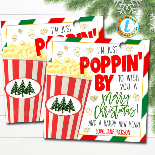 Christmas Popcorn Gift Tag, Poppin By, Neighbor Friend Coworker Teacher Nurse Staff, Happy Holidays Gift Treat Snack Tag, Editable Template